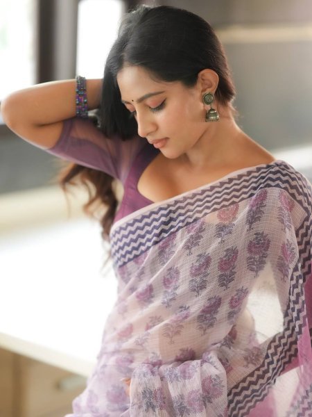 Lavender Designer Cotton Kota Check Digital Print Saree with Rich Pallu at Festival Wear Printed Cotton Sarees Wholesale