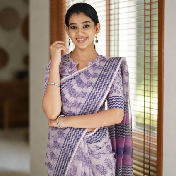 Lavender Designer Cotton Kota Check Digital Print Saree with Rich Pallu at Festival Wear Printed Cotton Sarees Wholesale