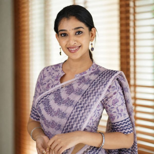 Lavender Designer Cotton Kota Check Digital Print Saree with Rich Pallu at Festival Wear Printed Cotton Sarees Wholesale