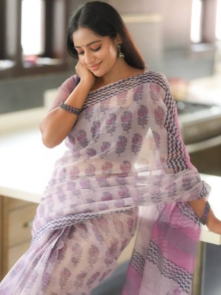 Lavender Designer Cotton Kota Check Digital Print Saree with Rich Pallu at Festival Wear Printed Cotton Sarees Wholesale