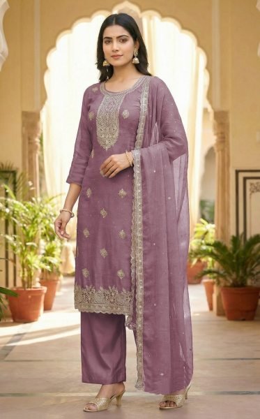 Lavender Designer Crunchy Silk Embroidered Suit Set with Dupatta for Festive Celebrations Embroidery Suits Wholesale