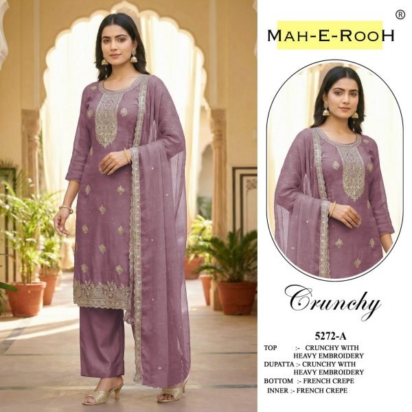 Lavender Designer Crunchy Silk Embroidered Suit Set with Dupatta for Festive Celebrations Embroidery Suits Wholesale