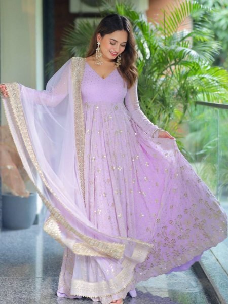 Lavender Designer Luxury Faux Blooming Anarkali Set Pants and Dupatta Included Kurtis