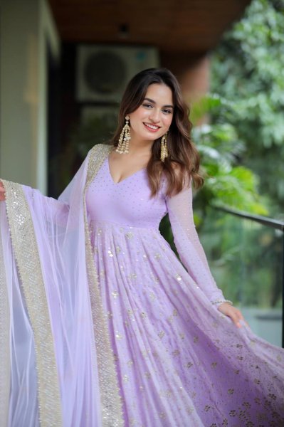 Lavender Designer Luxury Faux Blooming Anarkali Set Pants and Dupatta Included Anarkali Kurtis 