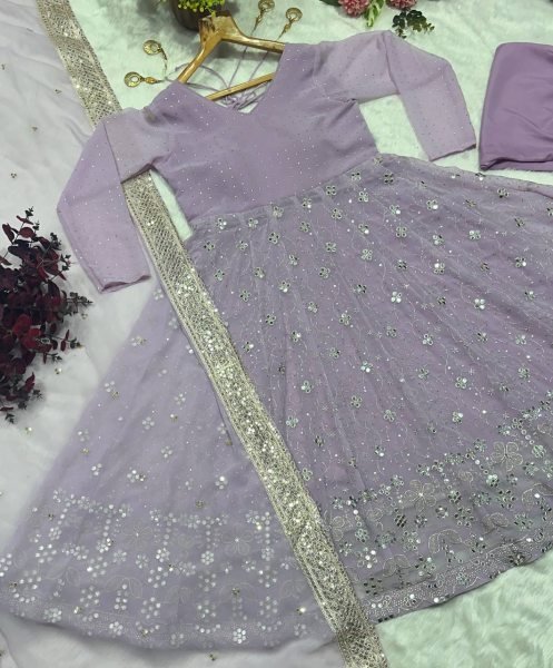 Lavender Designer Luxury Faux Blooming Anarkali Set Pants and Dupatta Included Anarkali Kurtis 