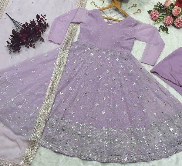 Lavender Designer Luxury Faux Blooming Anarkali Set Pants and Dupatta Included Anarkali Kurtis 
