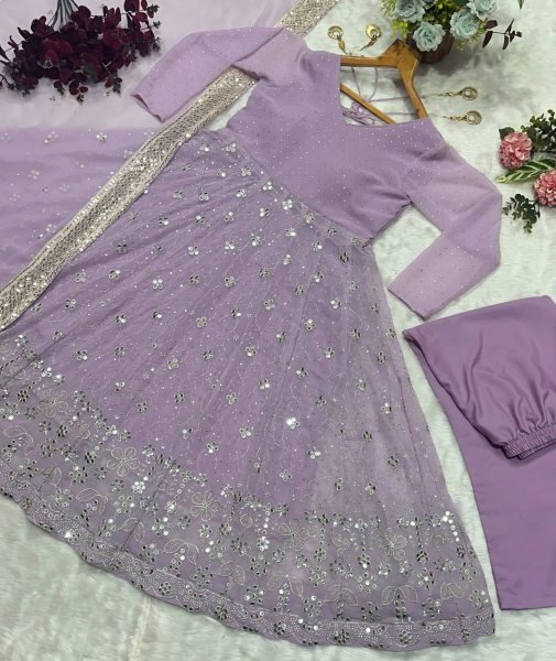 Lavender Designer Luxury Faux Blooming Anarkali Set Pants and Dupatta Included Anarkali Kurtis 