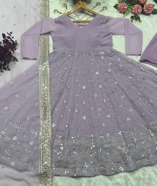 Lavender Designer Luxury Faux Blooming Anarkali Set Pants and Dupatta Included Anarkali Kurtis 