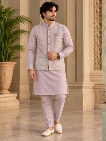 Lavender Designer Malai Satin Kurta Koti Set with Pyjama For Festival Collection