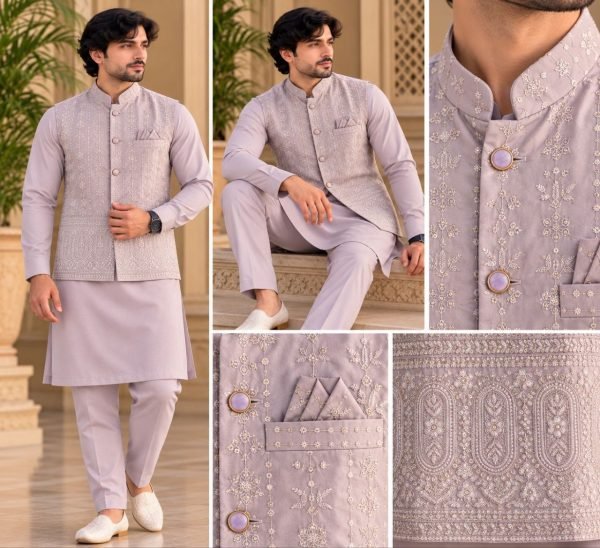 Lavender Designer Malai Satin Kurta Koti Set with Pyjama For Festival Collection Kurta Pajama Wholesale