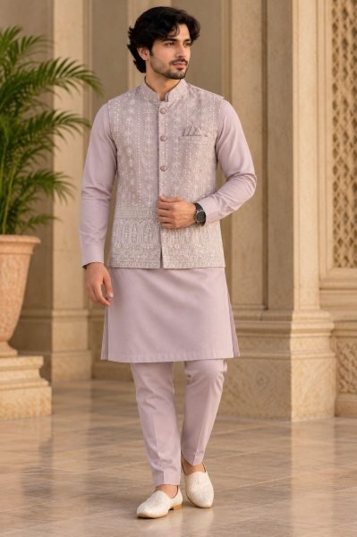Lavender Designer Malai Satin Kurta Koti Set with Pyjama For Festival Collection Kurta Pajama Wholesale