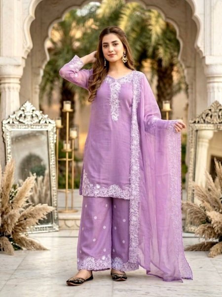 Lavender Embroidered Palazzo Suit with Fancy Cut Work Dupatta for Festive Wear 