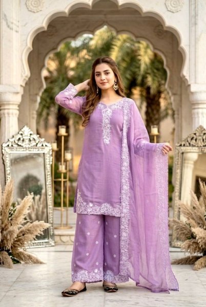 Lavender Embroidered Palazzo Suit with Fancy Cut Work Dupatta for Festive Wear Ready To Wear Collection