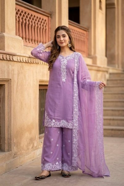 Lavender Embroidered Palazzo Suit with Fancy Cut Work Dupatta for Festive Wear Ready To Wear Collection