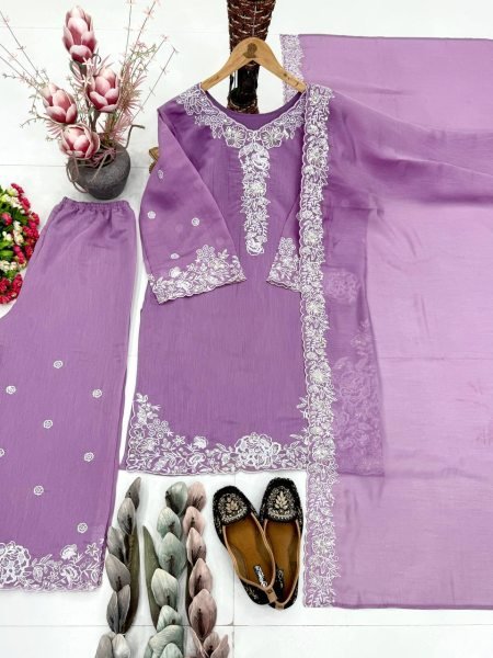 Lavender Embroidered Palazzo Suit with Fancy Cut Work Dupatta for Festive Wear Ready To Wear Collection