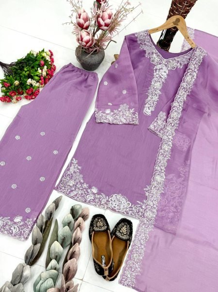 Lavender Embroidered Palazzo Suit with Fancy Cut Work Dupatta for Festive Wear Ready To Wear Collection