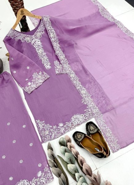 Lavender Embroidered Palazzo Suit with Fancy Cut Work Dupatta for Festive Wear Ready To Wear Collection