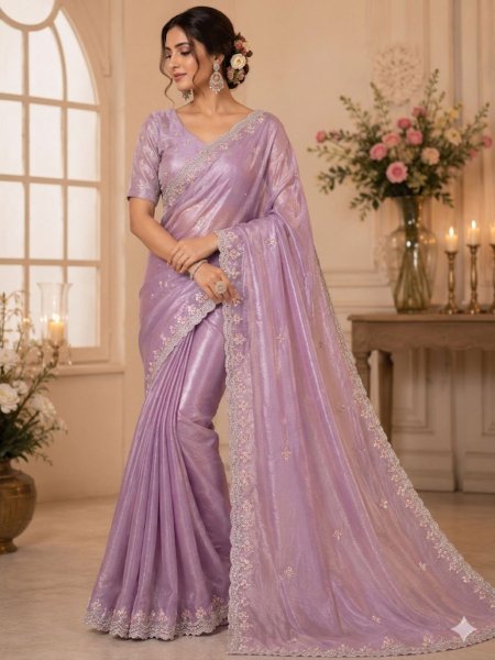 Lavender Fendy Satin Saree with Heavy Beads Work at Manufacturer Rate Sarees 