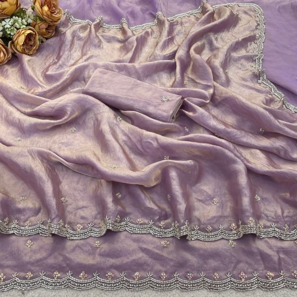 Lavender Fendy Satin Saree with Heavy Beads Work at Manufacturer Rate Bollywood Fancy Sarees Wholesale