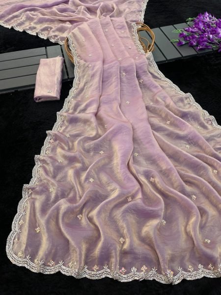 Lavender Fendy Satin Saree with Heavy Beads Work at Manufacturer Rate Bollywood Fancy Sarees Wholesale