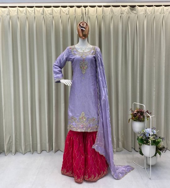 Lavender Fendy Silk Kurta Set with Embroidered Palazzo and Dupatta Ready To Wear Collection