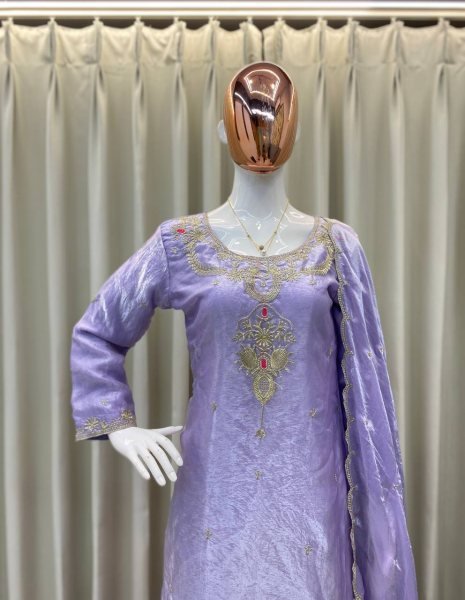 Lavender Fendy Silk Kurta Set with Embroidered Palazzo and Dupatta Ready To Wear Collection
