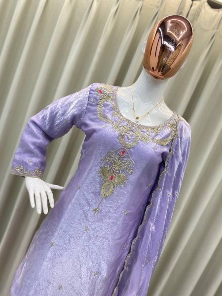 Lavender Fendy Silk Kurta Set with Embroidered Palazzo and Dupatta Ready To Wear Collection