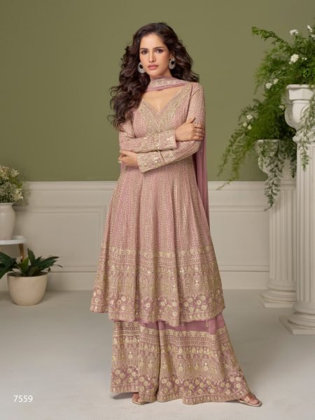 Lavender Fully Stitched Heavy Georgette Top Palazzo Dupatta Set for Women Designer Plazzo Salwar Suits Wholesale