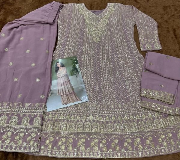 Lavender Fully Stitched Heavy Georgette Top Palazzo Dupatta Set for Women Designer Plazzo Salwar Suits Wholesale