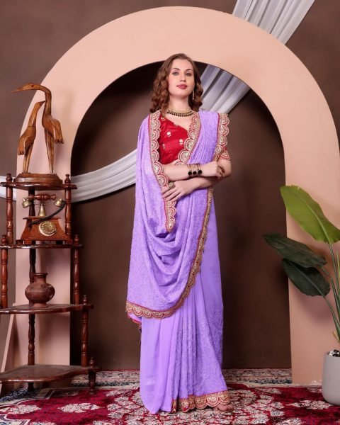 Lavender Georgette Chikankari Saree with Embroidery Work at Wholesale Rate Georgette Sarees Wholesale