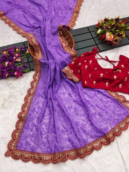 Lavender Georgette Chikankari Saree with Embroidery Work at Wholesale Rate Georgette Sarees Wholesale