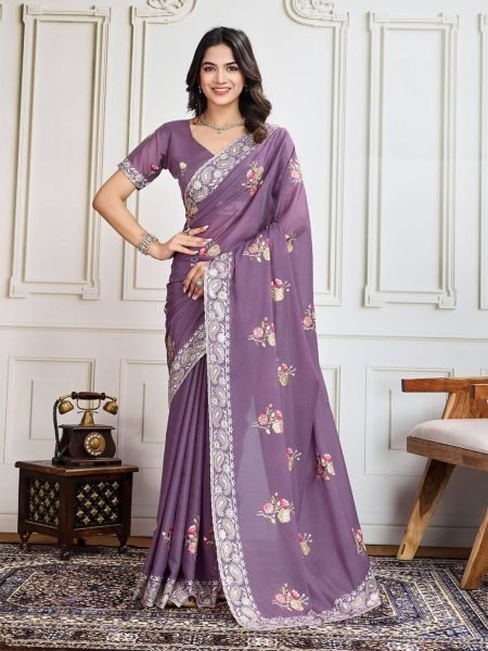 lavender georgette silk saree with soft embroidery graceful festive wear with modern charm