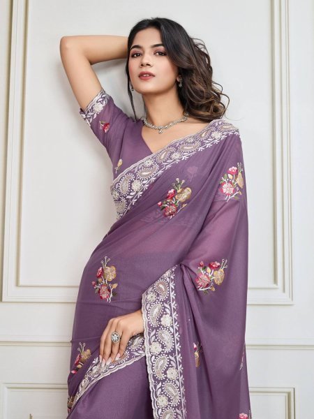 lavender georgette silk saree with soft embroidery graceful festive wear with modern charm Georgette Sarees Wholesale