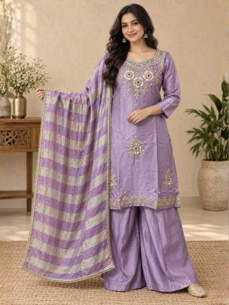 Lavender Glass Silk Top Palazzo Dupatta Set with Beads and Stone Work at Wholesale Kurtis