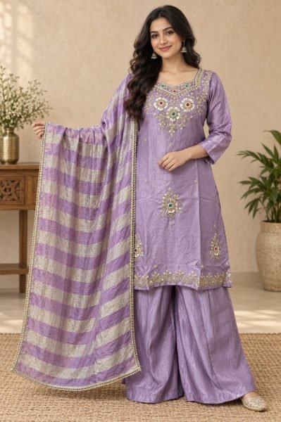 Lavender Glass Silk Top Palazzo Dupatta Set with Beads and Stone Work at Wholesale 3 Piece Kurti Set