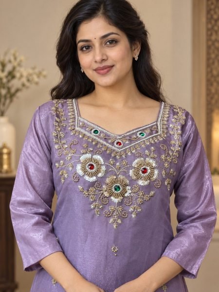 Lavender Glass Silk Top Palazzo Dupatta Set with Beads and Stone Work at Wholesale 3 Piece Kurti Set