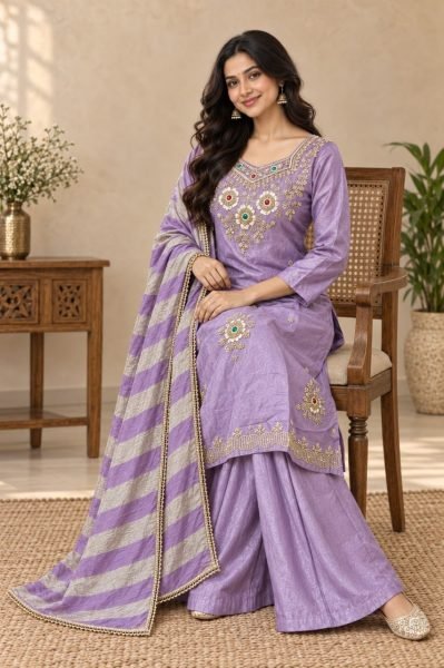 Lavender Glass Silk Top Palazzo Dupatta Set with Beads and Stone Work at Wholesale 3 Piece Kurti Set