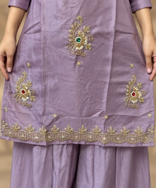 Lavender Glass Silk Top Palazzo Dupatta Set with Beads and Stone Work at Wholesale 3 Piece Kurti Set