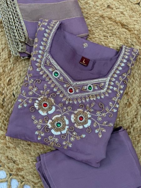 Lavender Glass Silk Top Palazzo Dupatta Set with Beads and Stone Work at Wholesale 3 Piece Kurti Set