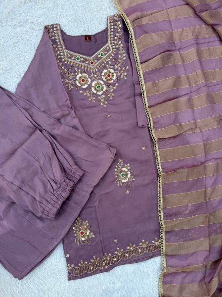 Lavender Glass Silk Top Palazzo Dupatta Set with Beads and Stone Work at Wholesale 3 Piece Kurti Set