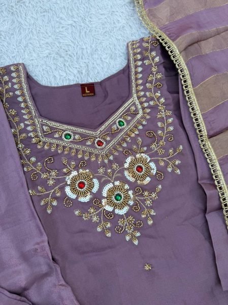 Lavender Glass Silk Top Palazzo Dupatta Set with Beads and Stone Work at Wholesale 3 Piece Kurti Set