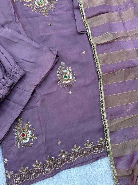 Lavender Glass Silk Top Palazzo Dupatta Set with Beads and Stone Work at Wholesale 3 Piece Kurti Set