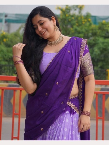 Lavender Half Saree Lehenga in Litchi Silk With Bandhani Print and Zari Border Half Saree Lehenga