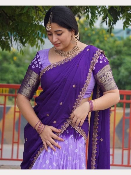 Lavender Half Saree Lehenga in Litchi Silk With Bandhani Print and Zari Border Half Saree Lehenga