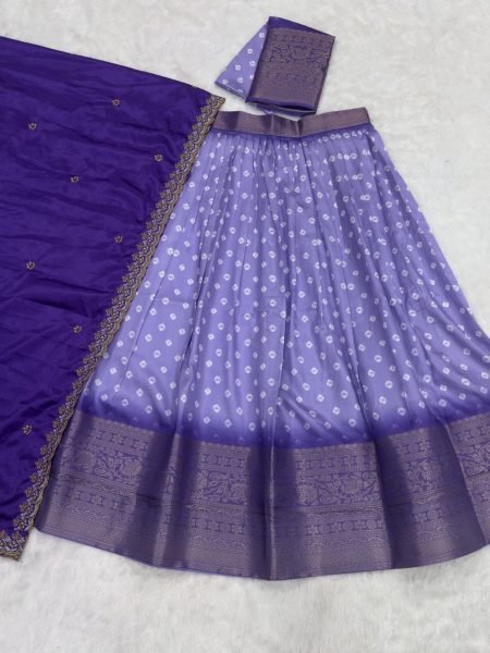 Lavender Half Saree Lehenga in Litchi Silk With Bandhani Print and Zari Border Half Saree Lehenga