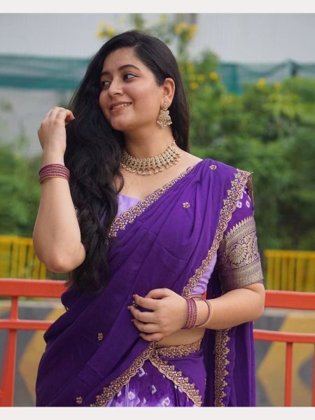 Lavender Half Saree Lehenga in Litchi Silk With Bandhani Print and Zari Border Half Saree Lehenga
