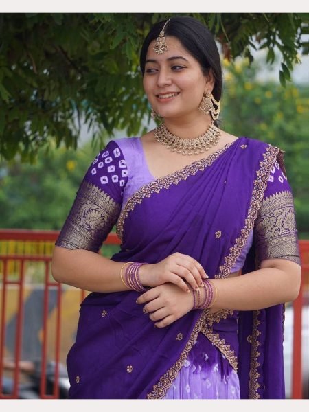 Lavender Half Saree Lehenga in Litchi Silk With Bandhani Print and Zari Border Half Saree Lehenga
