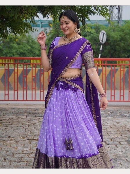 Lavender Half Saree Lehenga in Litchi Silk With Bandhani Print and Zari Border Half Saree Lehenga
