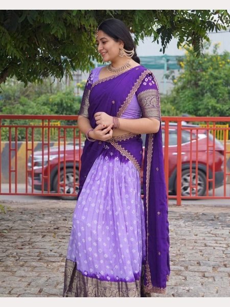 Lavender Half Saree Lehenga in Litchi Silk With Bandhani Print and Zari Border Half Saree Lehenga