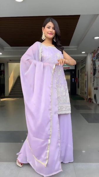 Lavender Heavy Embroidered Georgette Palazzo Suit Set Collection Readymade Look Ready To Wear Collection